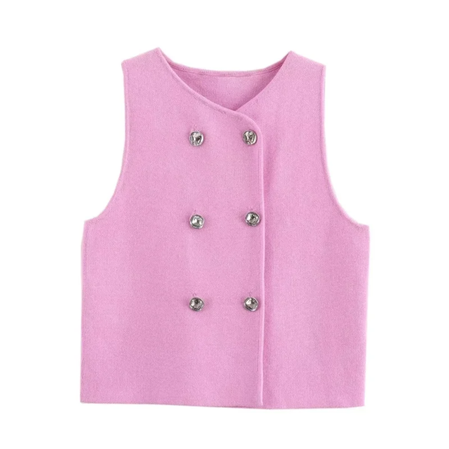 Ruby | Pink Cropped Knit Sleeveless Vest with Double Breasted Front