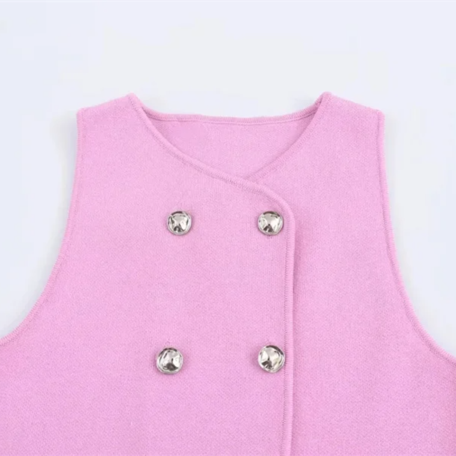 Ruby | Pink Cropped Knit Sleeveless Vest with Double Breasted Front